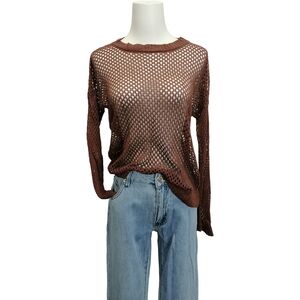 🐿🐿🐿 Women's Brown Open-Knit Long Sleeve Top